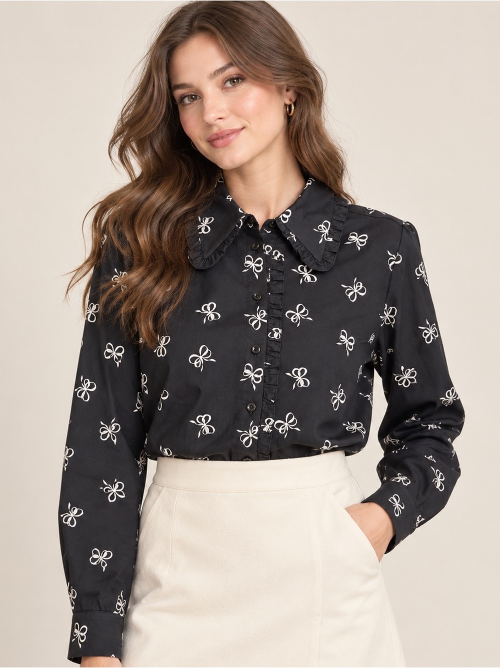En Saison Bow Print Ruffle Collar Blouse L NWT Coquette Romantic Preppy